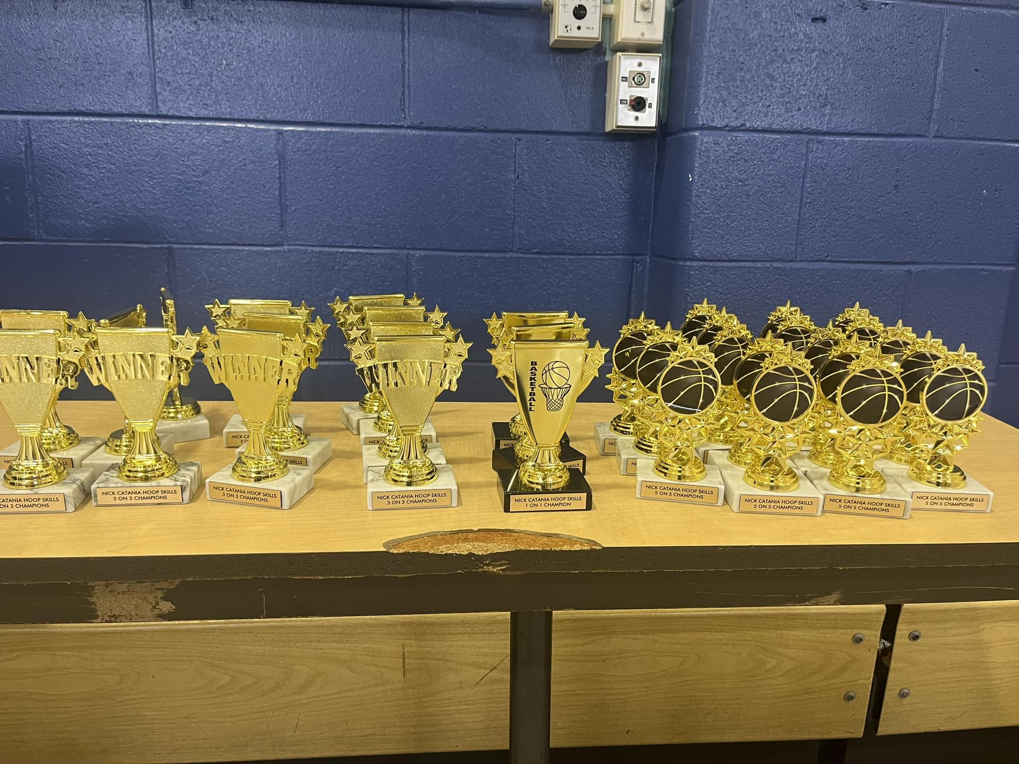 Championship Friday trophies lined up for campers